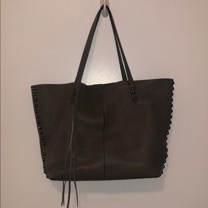Rebecca mink off gray leather tote with gunmetal